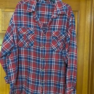 Red, blue and white plaid flannel shirt